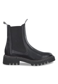 Černé kožené Chelsea boty s texturovanými elastickými bočními panely, poutky na patě a odolnými gumovými podrážkami. Bílé prošívání zvýrazňuje design.