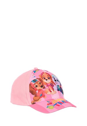 Pinke Kinderkappe mit drei Cartoon-Welpen in bunten Outfits und dem Text „Happy Time“ mit Fruchtgrafiken auf dem Schirm.