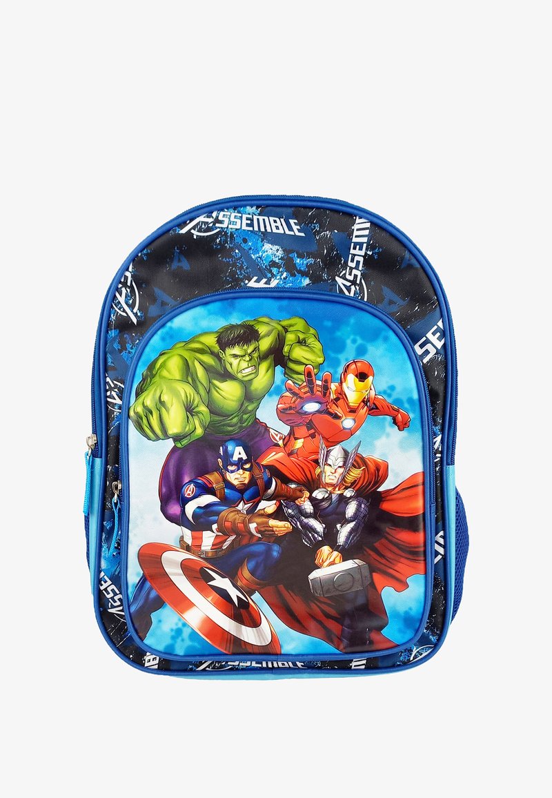 Blue children's backpack featuring a front design of superhero characters: Hulk, Captain America, Iron Man, and Thor. Made of durable material.