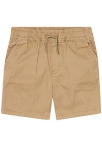Be�żowe szorty wykonane z lekkiego materiału, z elastycznym paskiem w talii oraz sznurkiem do regulacji, dwiema kieszeniami bocznymi i przeszyciami.