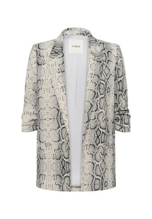 Bedruckte Blazer im Schlangenmuster, aus leichtem Stoff, mit offenem Frontbereich, hochgekrempelten Ärmeln und einer neutralen Farbpalette in Schwarz und Beige.