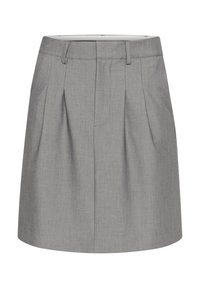 Jupe grise longueur genou avec passants de ceinture et plis avant, présentant un design épuré et ajusté.