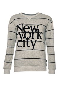 Felpa grigia con righe orizzontali nere, con grande scritta nera "New York City" sulla parte anteriore. Collo e polsini a coste.