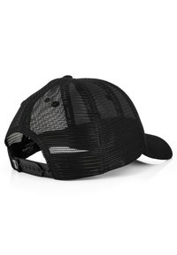 Black mesh baseball cap featuring a solid black front panel, curved brim, adjustable snapback closure, and logo detail on the side.