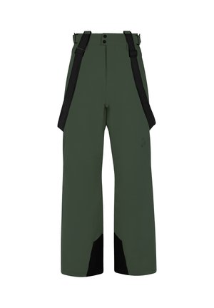 Green water-resistant pants with adjustable black straps, loose-fit design, and black accents at the lower legs for durability.