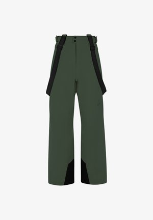 Green water-resistant pants with adjustable black straps, loose-fit design, and black accents at the lower legs for durability.