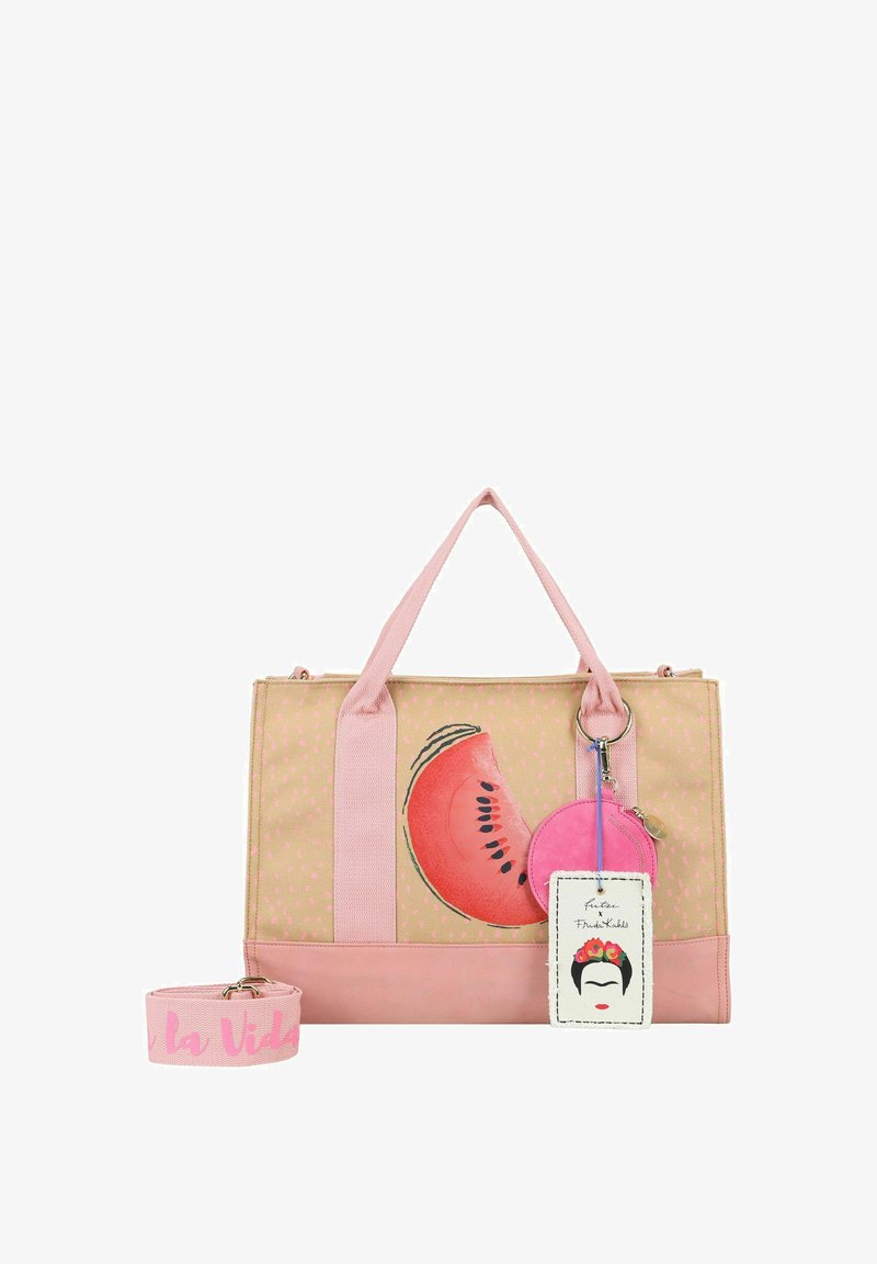 Borsa in tela con stampa di anguria, dettagli rosa e portachiavi rotondo staccabile. Presenta manici rosa robusti e un design a pois.