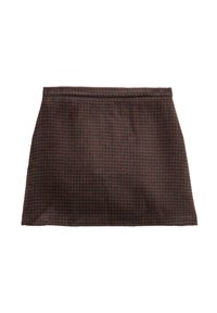 Mørkebrun og sort houndstooth mini nederdel med lige talje og let A-formet silhuet.