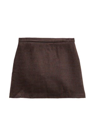 Falda mini de pata de gallo en marrón oscuro y negro, con una cintura recta y una silueta ligeramente acampanada.