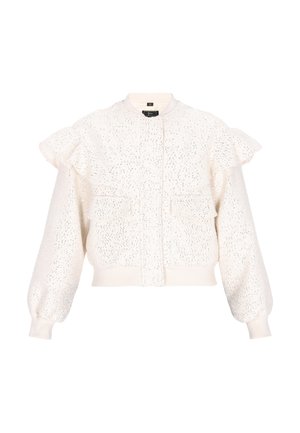 Valkoinen teksturoitu takki, jossa on metallinhohtoisia pilkkuja, pitkät pönkityt hihat, etutaskut, röyhelöity olkareuna sekä resorit hihansuissa ja helmassa.