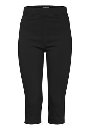 Black capri pants made of stretchable fabric. Features a fitted waistband, side pockets, and a cropped length with a smooth texture.