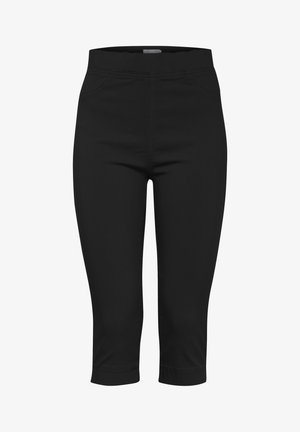 Black capri pants made of stretchable fabric. Features a fitted waistband, side pockets, and a cropped length with a smooth texture.