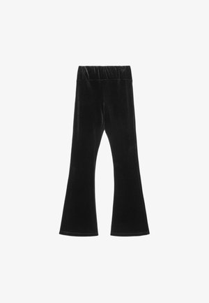Pantalons évasés en velours noir avec une taille élastique. Texture lisse et coupe fluide, s'amincissant du genou à l'ourlet.