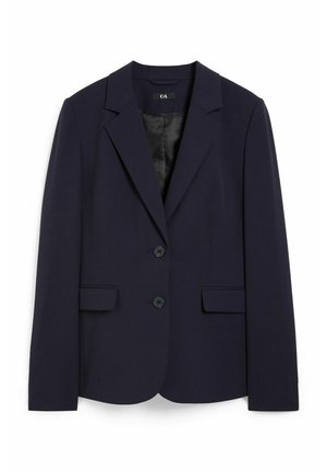 Mørkeblå damesblazer med hakrevers, to forreste knapper, klaplommer og sort satinfor med en diskret prikket tekstur.