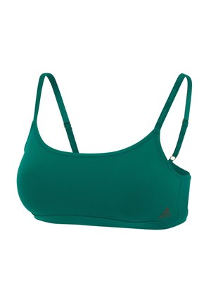 Teal sports bra made of smooth fabric, featuring adjustable straps and a logo accent. Simple design with no patterns.
