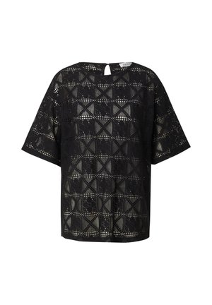 Black lace top featuring a geometric cutout pattern, short sleeves, loose fit, and a small back keyhole opening.