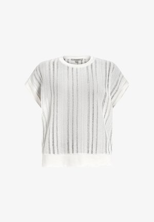 Hvid bluse med korte ærmer i tekstureret strikdesign med lodrette striber. Rund halsudskæring og en let løs pasform, letvægtsmateriale.