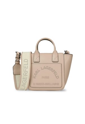 Beige Karl Lagerfeld håndtaske med top-hanke, forlommer med perforeret logo og adresse, samt bred aftagelig hvid rem med mærkenavn.