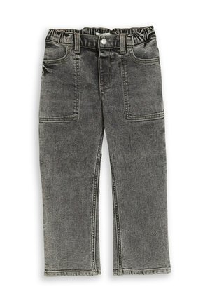 Jean en denim gris délavé pour enfants, avec ceinture élastique, passants, bouton à l’avant et grandes poches carrées devant.