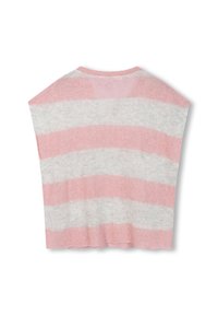 Suéter ligero y de gran tamaño con rayas horizontales en rosa y gris, que presenta un acabado suave y texturizado, y un escote redondeado.
