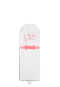 White garment bag with pink accents. Features "My best dress" text and a pink bow detail. Rounded top with a hanging loop for easy storage.