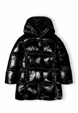 Chaqueta acolchada negra brillante con capucha, mangas largas y costuras acolchadas horizontales, extendida sobre un fondo blanco.