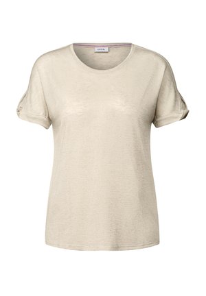 Vaalean beige lyhythihainen T-paita, pyöreä pääntie, pehmeä rakenne, käärityt hihat, hienovarainen kiilto, sisällä kauluksessa brändilogo.