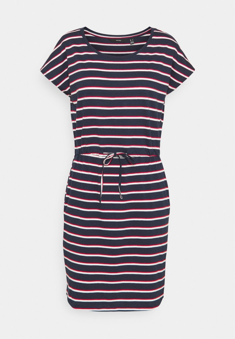 Robe bleu marine à manches courtes avec rayures horizontales blanches et rouges et taille à cordon, présentée sur fond blanc.