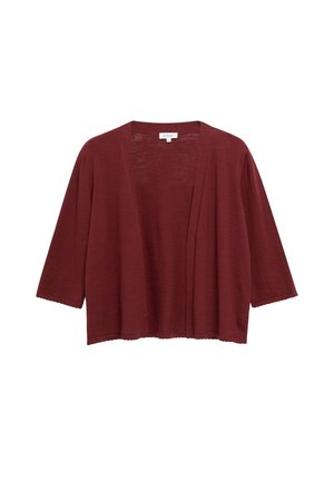 Maroonfarbener Cardigan mit offenem Frontbereich, dreiviertel Ärmeln und lockerer Passform aus leichtem Stoff.