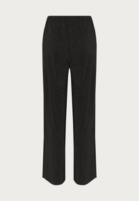 Black wide-leg pants with a textured fabric, featuring an elastic waistband and a straight silhouette. No pockets or visible hardware.