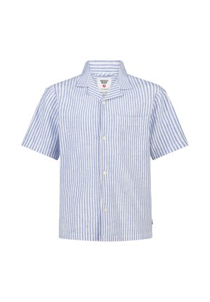 Korte mouw blauwe en witte verticale gestreepte overhemd met knopen, kraag en borstzak.