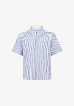 Chemise à manches courtes à rayures verticales bleues et blanches, boutonnée, avec col et poche poitrine.