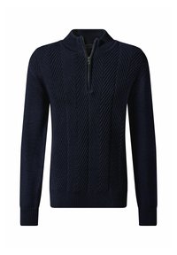 Marinblauer Strickpullover mit einem Viertelreißverschluss, ausgestattet mit einem strukturierten Zickzackmuster, gerippten Bündchen und einem hohen Kragen. Weiches Material.