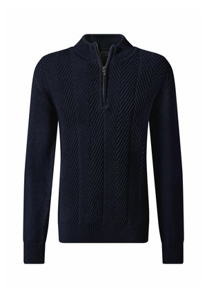 Marinblauer Strickpullover mit einem Viertelreißverschluss, ausgestattet mit einem strukturierten Zickzackmuster, gerippten Bündchen und einem hohen Kragen. Weiches Material.