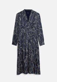 Marineblaues Langarmkleid mit einem weißen Blattmuster, Wickeldesign, tailliertem Schnitt und fließendem Rock mit dezenten Falten.