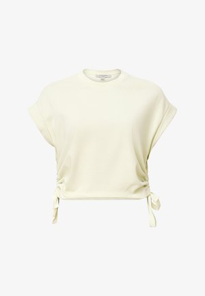 Lichtgele, cropped t-shirt met korte, opgerolde mouwen. Beschikt over zijkoorden en een zachte, gladde textuur. Gemaakt van een comfortabele stof.