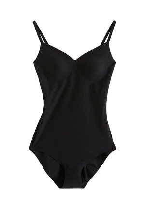 Costume intero nero con spalline sottili regolabili, coppe strutturate, una consistenza liscia e copertura moderata delle gambe.