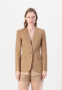 Tans kleurige blazer met een diepe halslijn en lange mouwen, voorzien van een enkele knoopsluiting en voorzakken, gecombineerd met doorschijnende shorts.