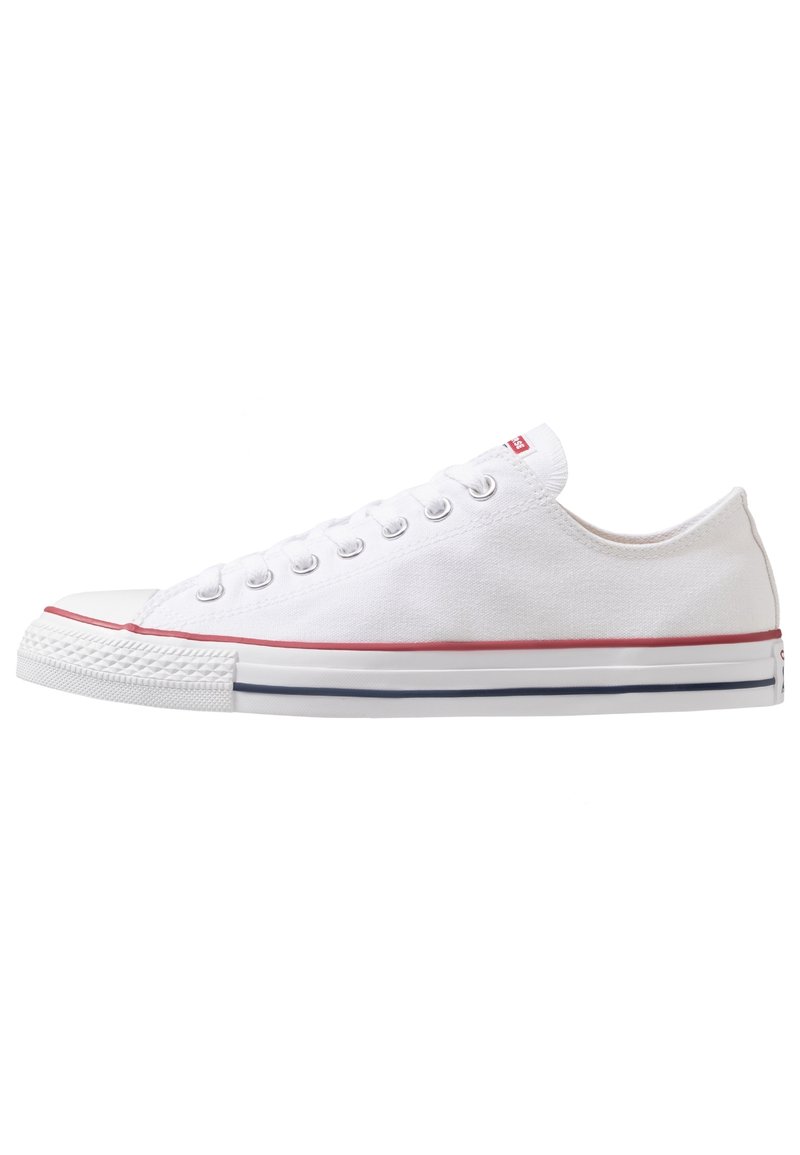 Baskets basses en toile blanche avec lacets blancs, bandes rouges et bleues sur la semelle, et œillets métalliques sur fond blanc.