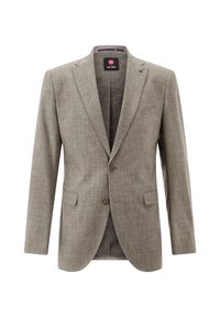 Hellgrauer Blazer aus strukturiertem Stoff mit Reverskragen, zwei Knöpfen und zwei Vordertaschen. Innenfutter mit dezentem Branding.