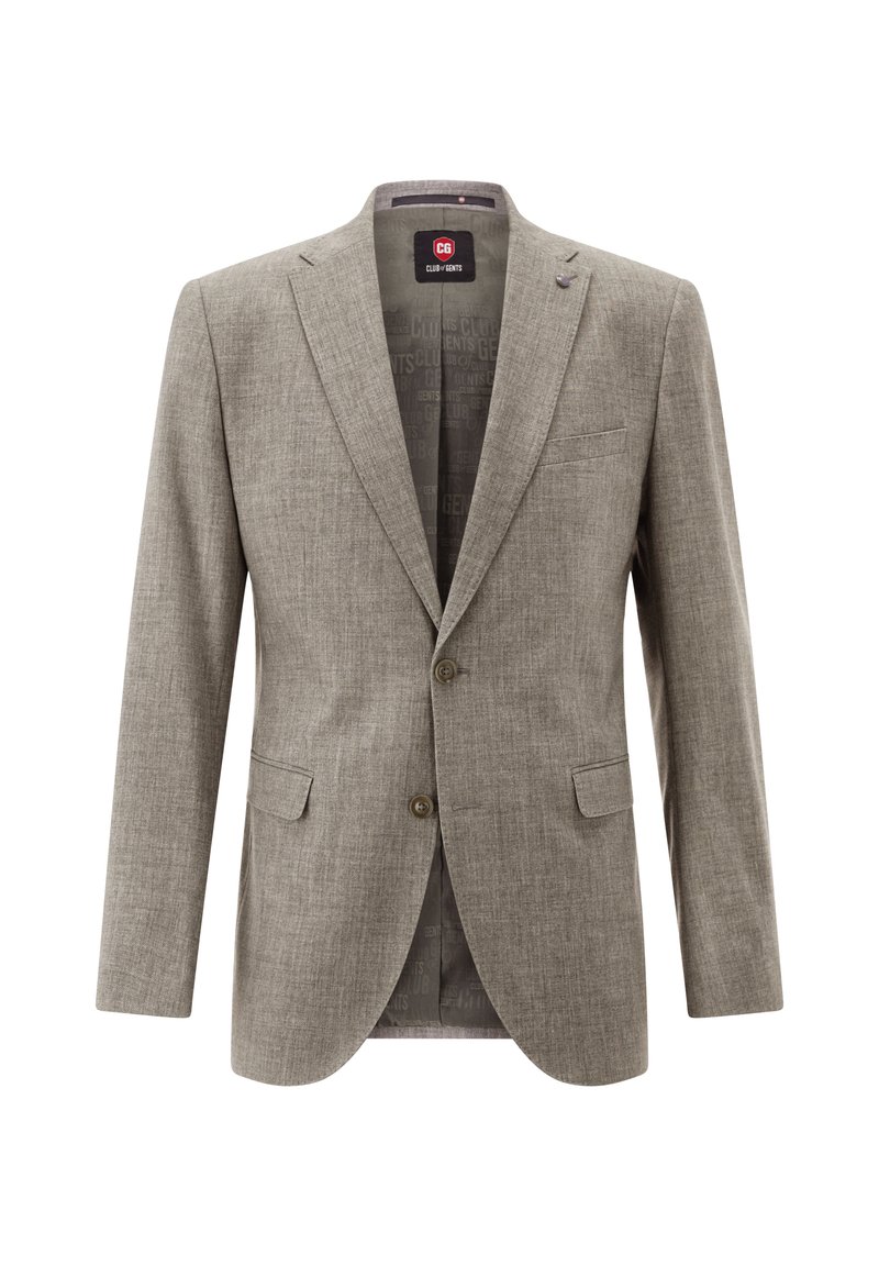 Hellgrauer Blazer aus strukturiertem Stoff mit Reverskragen, zwei Knöpfen und zwei Vordertaschen. Innenfutter mit dezentem Branding.