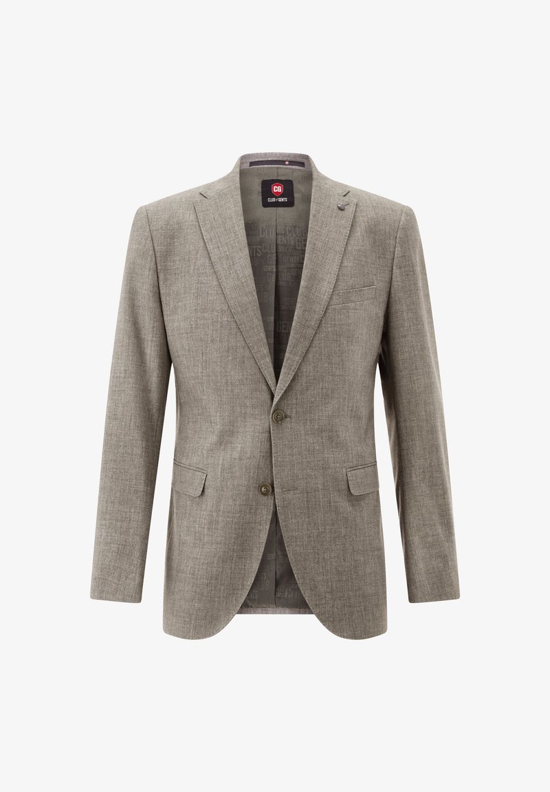 Light gray blazer made of textured fabric, featuring a notched collar, two buttons, and two front pockets. Interior lining with subtle branding.
