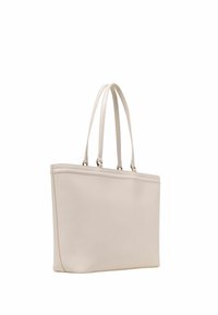 Borsa a spalla in pelle beige con due manici, forma rettangolare, texture liscia e design minimalista. Nessun logo o motivo visibile.
