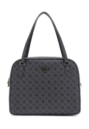 Graue synthetische Handtasche mit strukturiertem Design, die mit geprägten Logo-Mustern, doppelten Griffen und einer auffälligen Logo-Plakette ausgestattet ist.