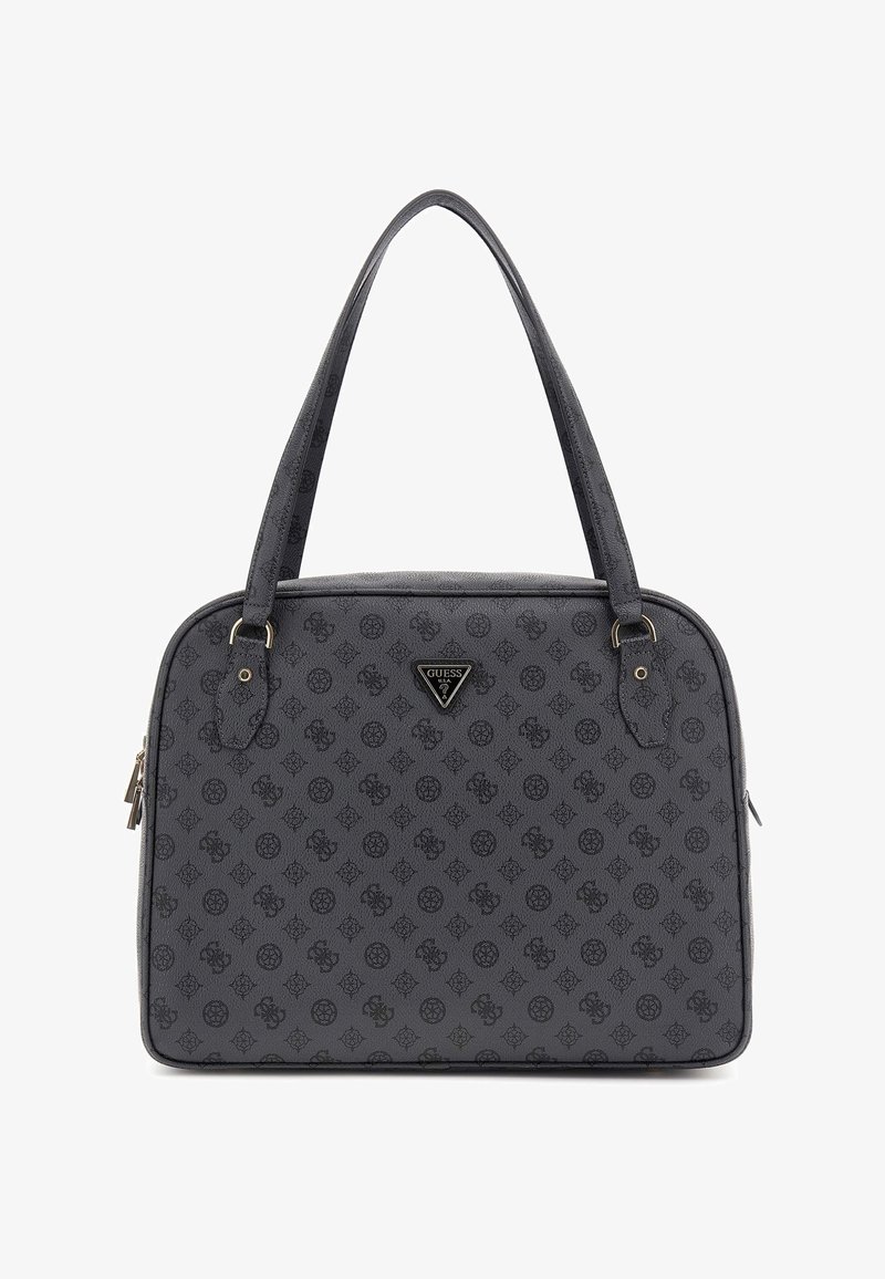 Siva sintetička torba s strukturiranim oblikom, sa utisnutim uzorcima logotipa, dvostrukim ručkama i istaknutom pločicom s logotipom.