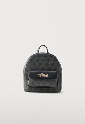 Mini-sac à dos noir Guess avec motif logo imprimé et poche avant zippée avec logo Guess doré sur fond uni.