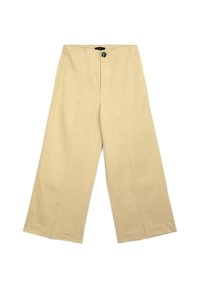 Pantaloni beige a gamba larga con vita media, pince frontali, tasche laterali e chiusura con un singolo bottone. Tessuto di cotone liscio.
