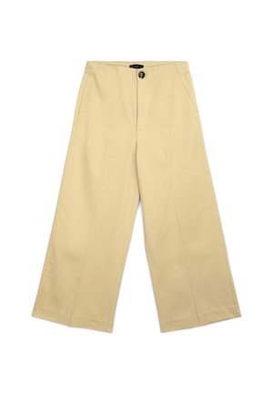 Pantaloni beige a gamba larga con vita media, pince frontali, tasche laterali e chiusura con un singolo bottone. Tessuto di cotone liscio.