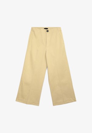 Pantaloni beige a gamba larga con vita media, pince frontali, tasche laterali e chiusura con un singolo bottone. Tessuto di cotone liscio.