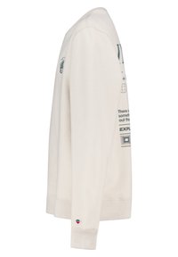 Light beige sweatshirt with a round neckline, long sleeves, and printed graphics in dark gray. Features ribbed cuffs and a logo on the sleeve.